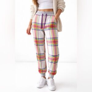 Harlow Rainbow Plaid Flannel Joggers Cotton Lounge Pants Medium Colourful Chill
